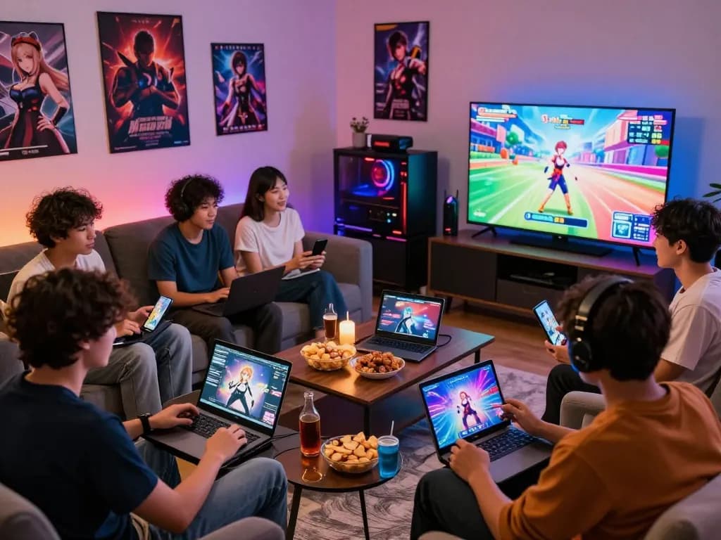 Group of friends enjoying a hentai game session in a cozy living room with devices, snacks, and vibrant decorations.