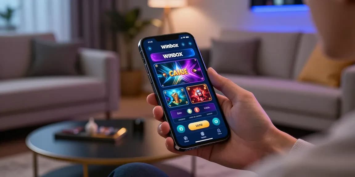 Winbox Casino app displayed on smartphone in a modern living room.