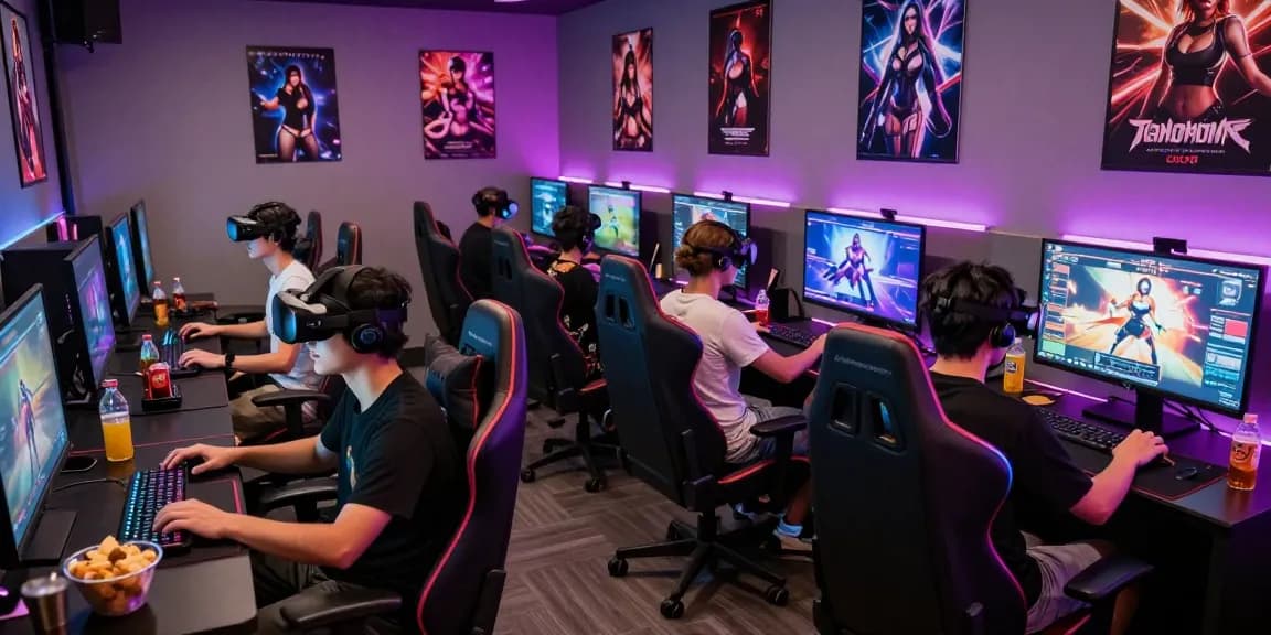 Engaged gamers playing real hentai games in a vibrant gaming lounge.
