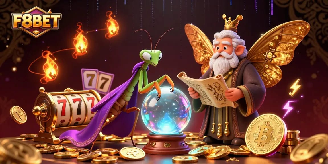F8BET captures thrilling moments of a praying mantis fortune teller and moth librarian amid slot reels and digital coins.
