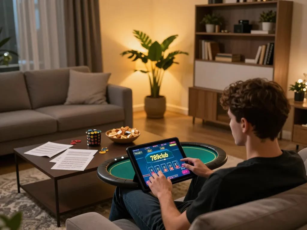 Engaging in a poker game on 789club using a tablet in a cozy home setting