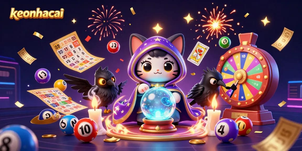Experience excitement with keonhacai as colorful lottery balls bounce amidst magical casino elements.