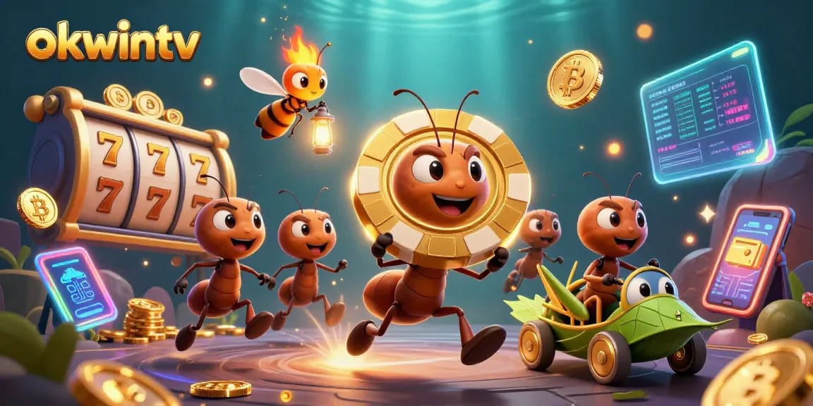 Engage with okwintv through thrilling slot game adventures with cartoon ants and crypto elements.