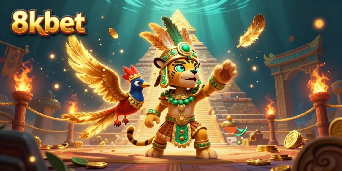 Experience immersive gaming with 8xbet's vibrant 3D illustration showcasing dynamic Mayan characters and exotic elements.