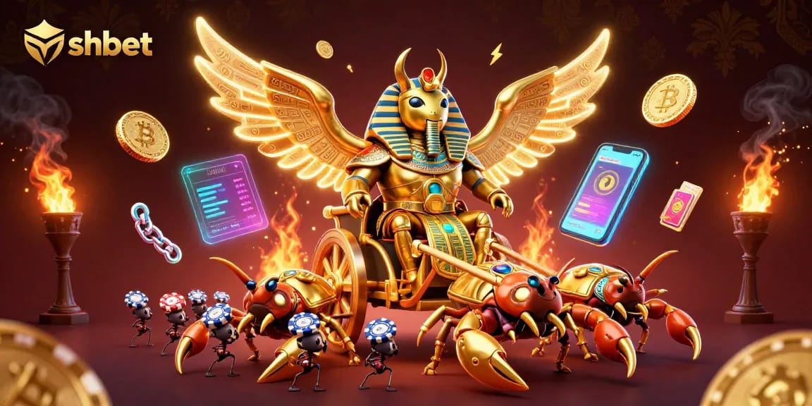 Join the adventure with SHBET's exciting casino games featuring a massive golden beetle and dazzling coins.