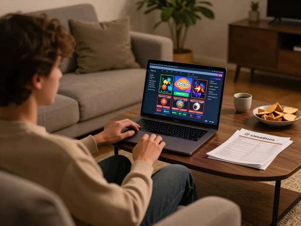 Person enjoying an online gaming session at 88clb with betting notes and snacks