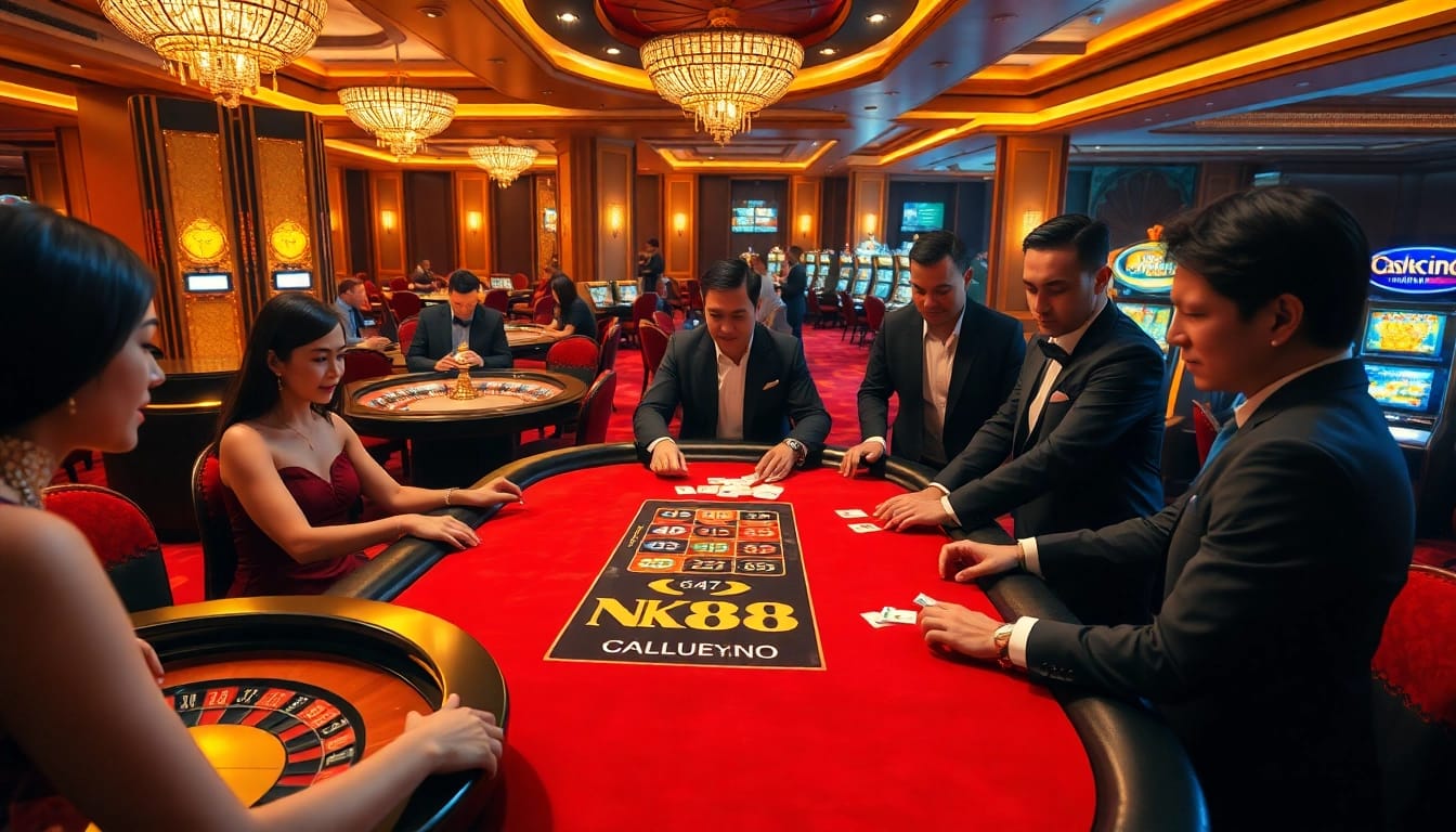 NK88 players enjoying a thrilling game at an elegant casino table with vibrant roulette and poker elements.
