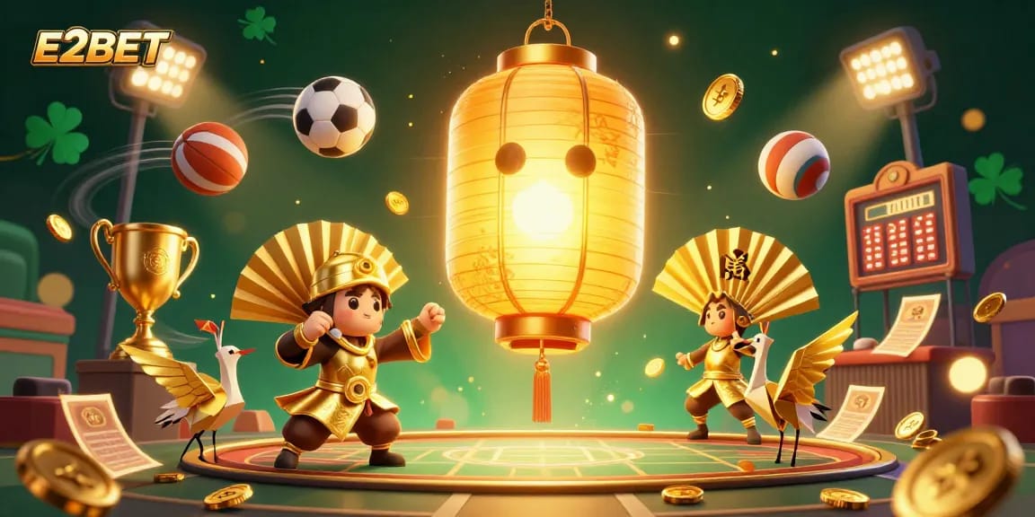 E2BET offers a vibrant casino scene with a golden lantern spirit, captivating games, and dynamic sports elements.