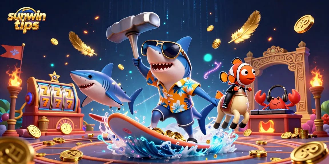 Spin your luck with sunwin tips, featuring vibrant shark and fish characters amidst a casino scene.