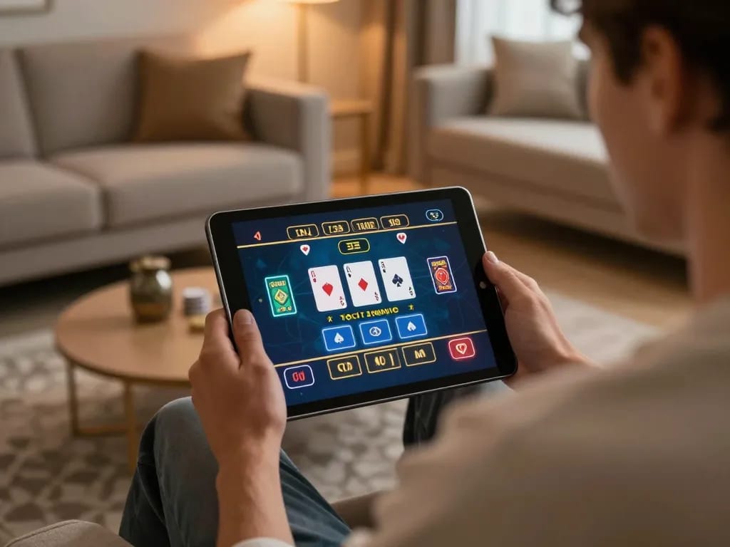 Engaging player using a tablet for rik vip live dealer game in a modern living room.