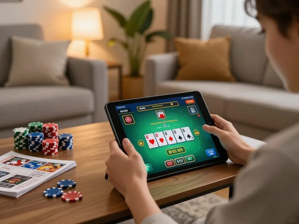 Engaging with blackjack game on https://va88.now/ in a cozy home setting, showcasing responsible casino gaming.