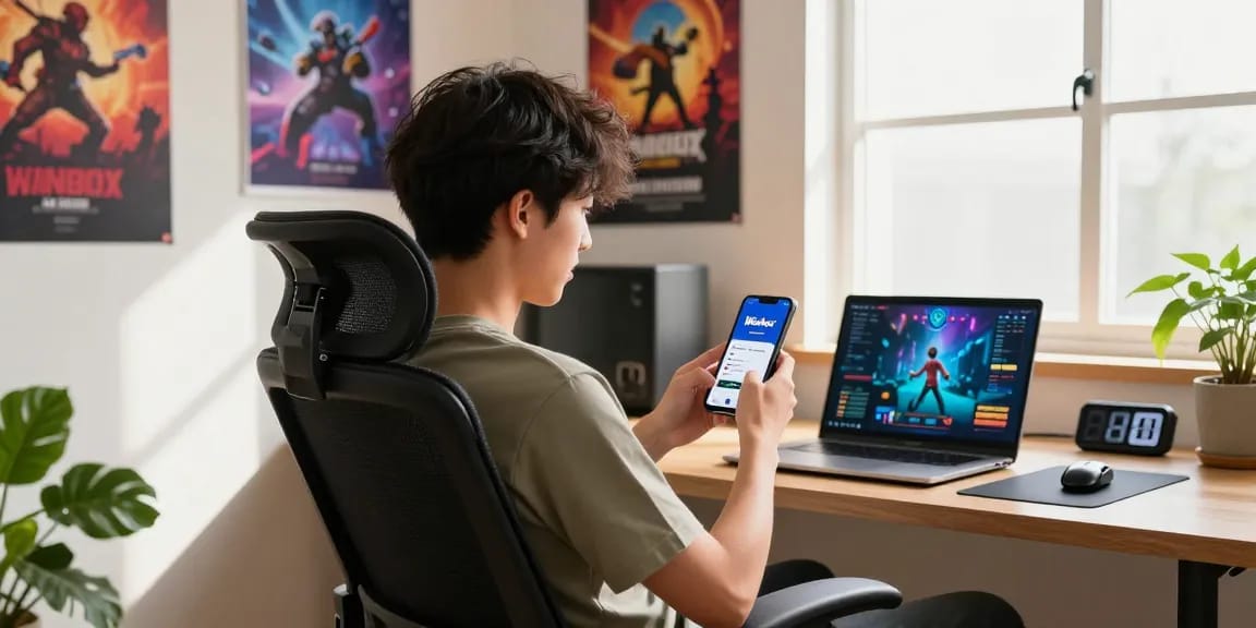 Young adult downloading the Winbox app on their smartphone in a modern home office.