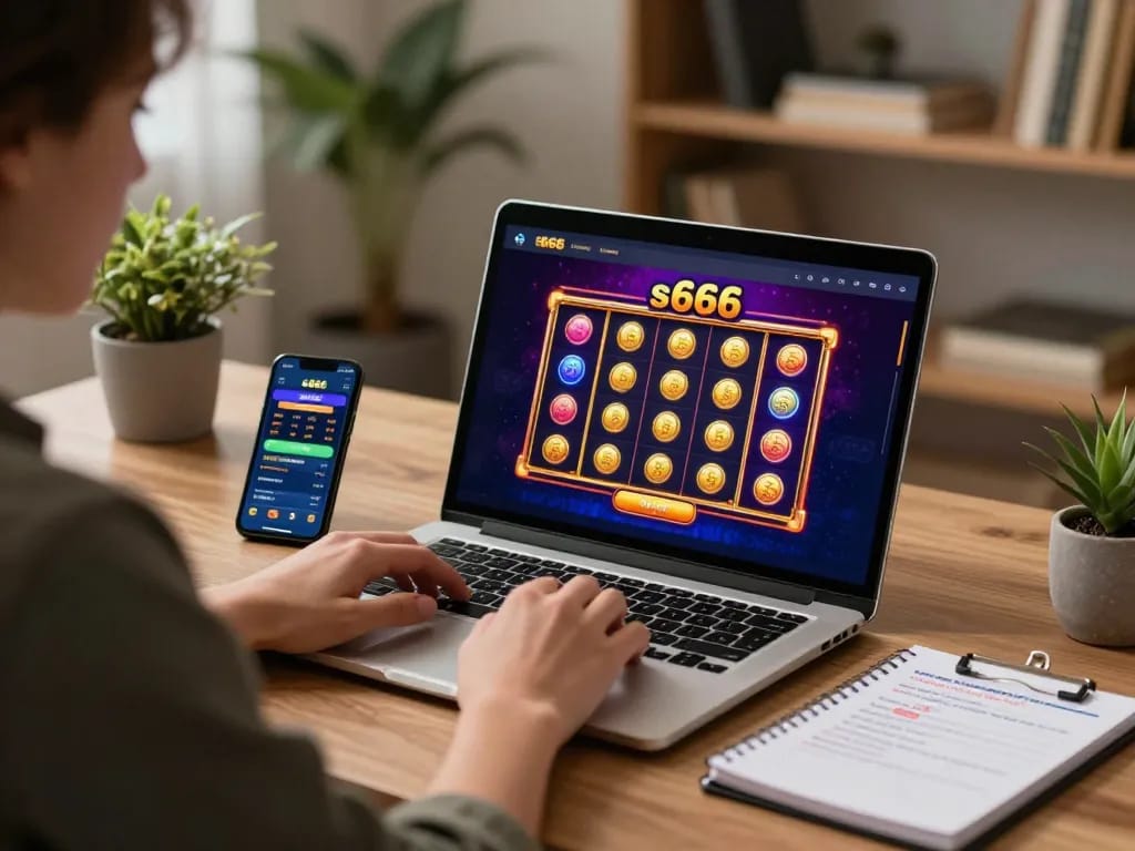 Engaging player using the s666 casino app with vibrant slot game interface, cozy home environment.