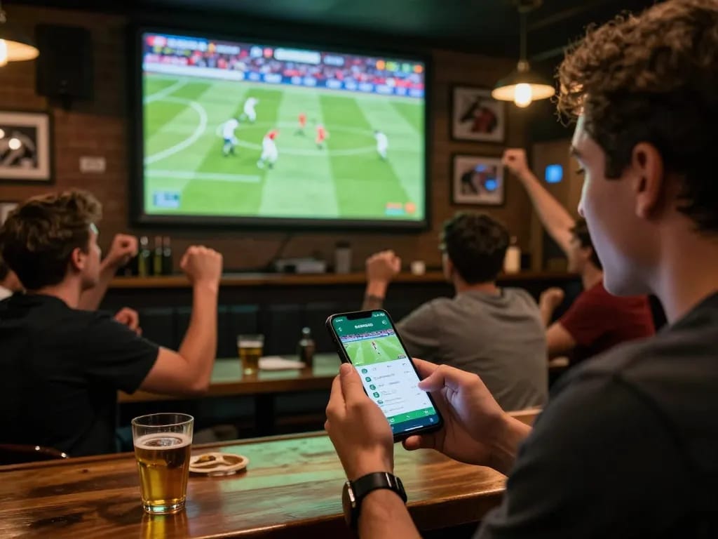 RR88 thể thao user joyfully placing bets on smartphone during live match at sports bar