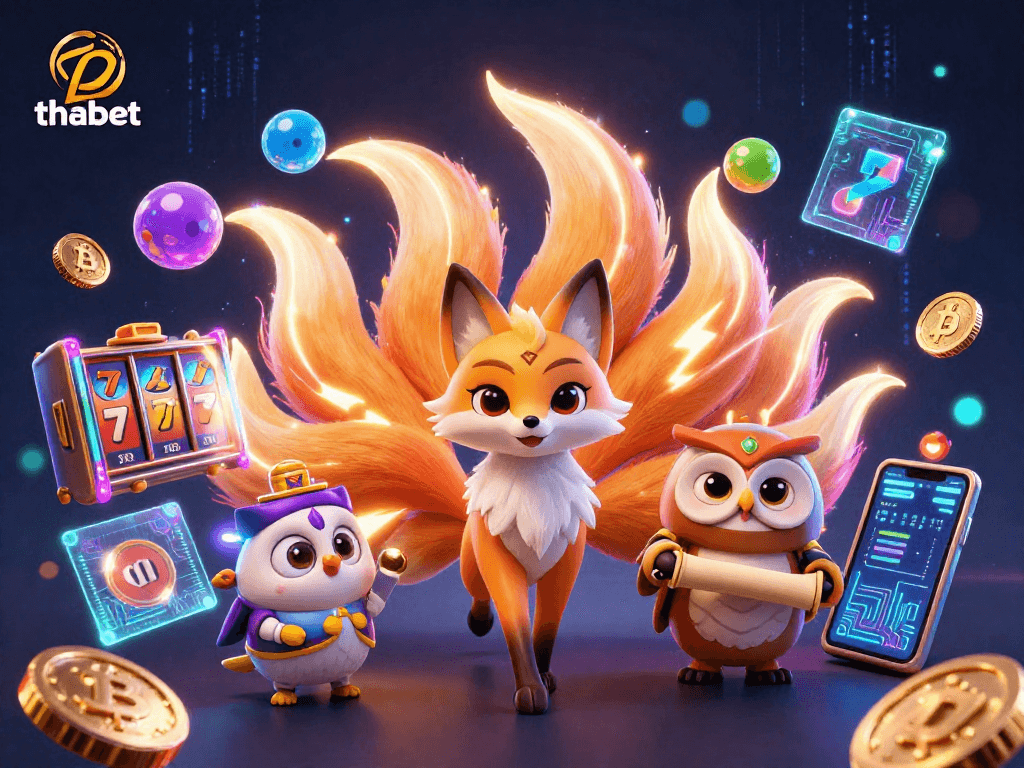 Engage in thrilling gameplay at thabet, where a vibrant nine-tailed fox spirit meets a wise owl sage surrounded by dynamic casino symbols.