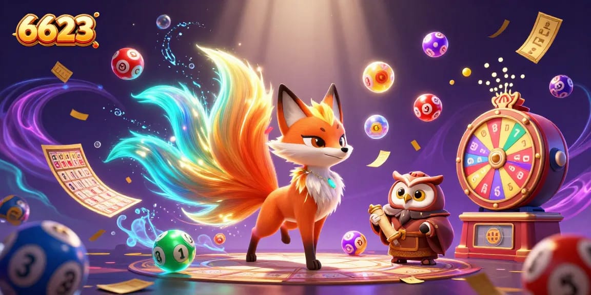 Engage with thrilling games at 6623's vibrant lottery and gaming scene, showcasing dynamic characters and elements.