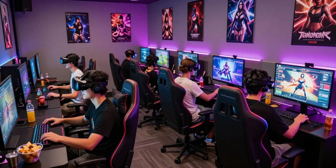Engaged gamers playing real hentai games in a vibrant gaming lounge.