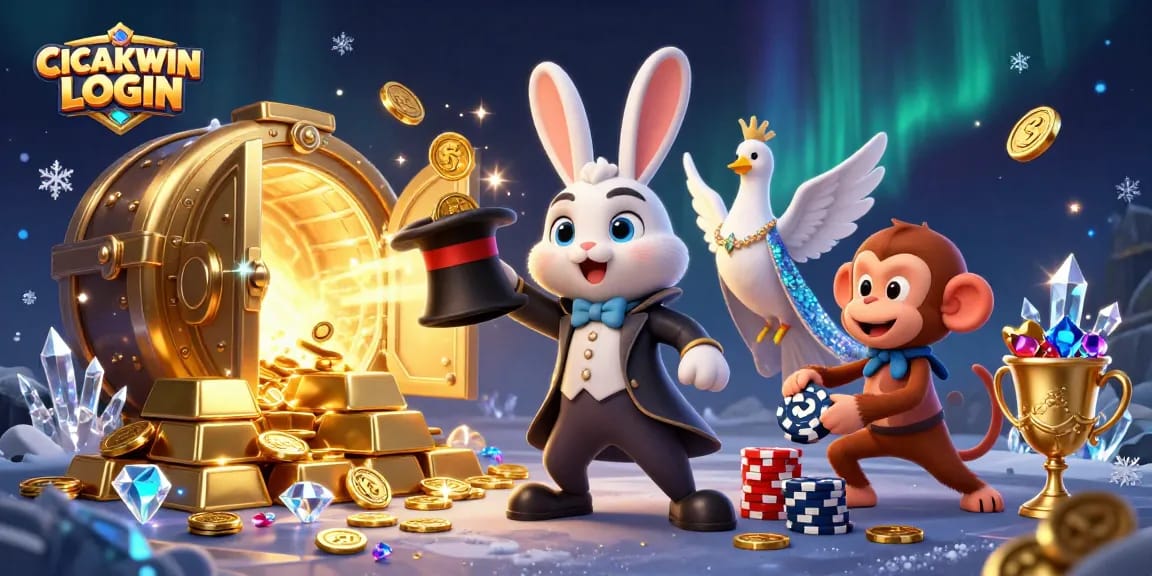 CICAKWIN LOGIN features a magician rabbit pulling coins, a dove, and a monkey amid casino gold treasures.