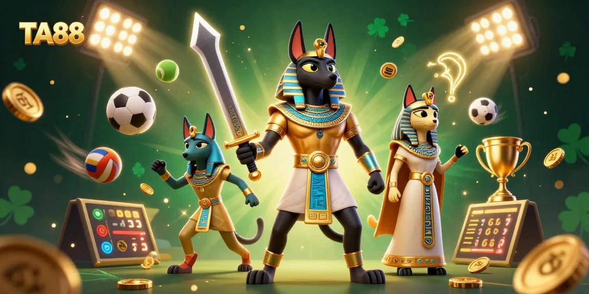 Engage in thrilling sports action at TA88 with Anubis and Bastet surrounded by flying sports elements.