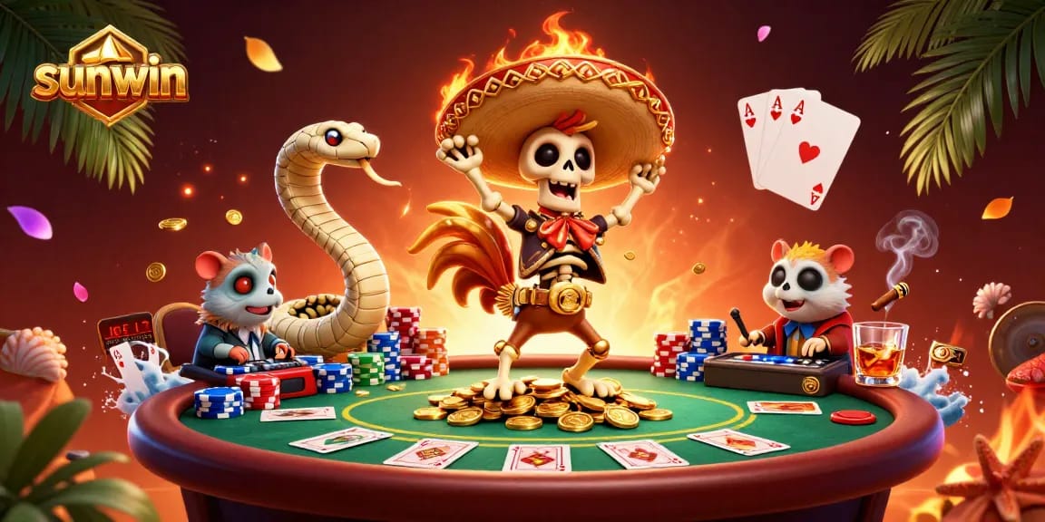 Sunwin offers exciting gambling thrills featuring lively characters and poker elements in a vibrant setting.