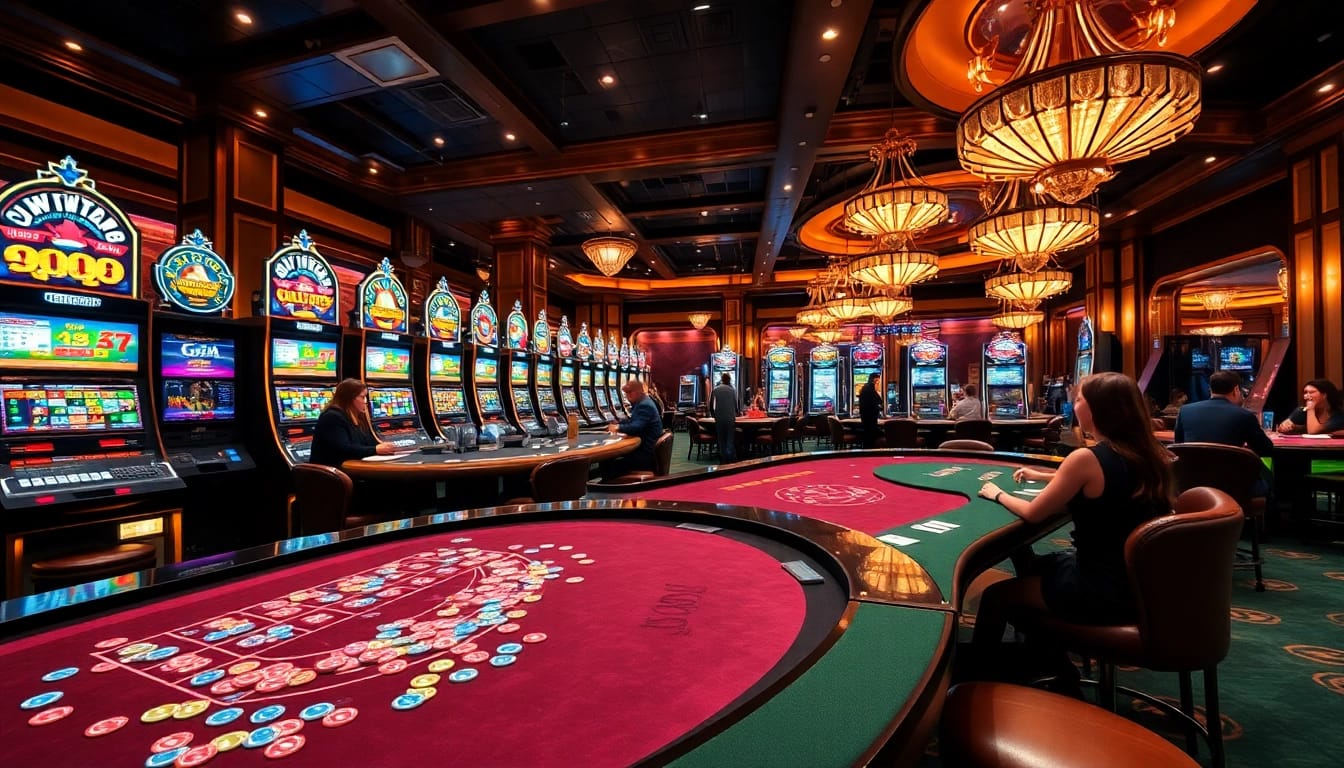Players engaging in exciting games at go88 casino, showcasing vibrant slot machines and tables