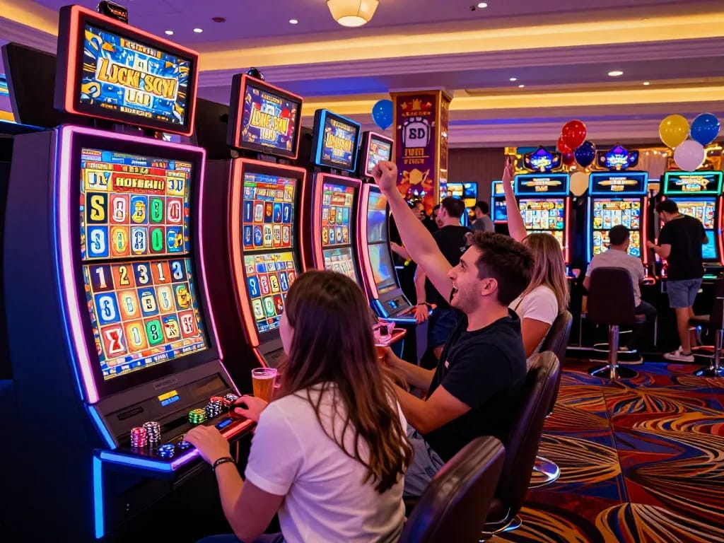 Exciting players celebrating wins at the Lucky88 slot machine on a vibrant casino gaming floor.