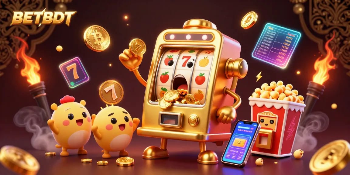Experience big wins with BETBDT's vibrant jackpot scene featuring slot machines and glowing crypto coins.