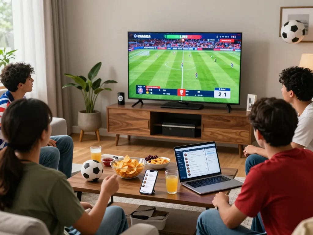 Friends enjoying a Cakhia live sports stream in a cozy living room with snacks and football memorabilia.