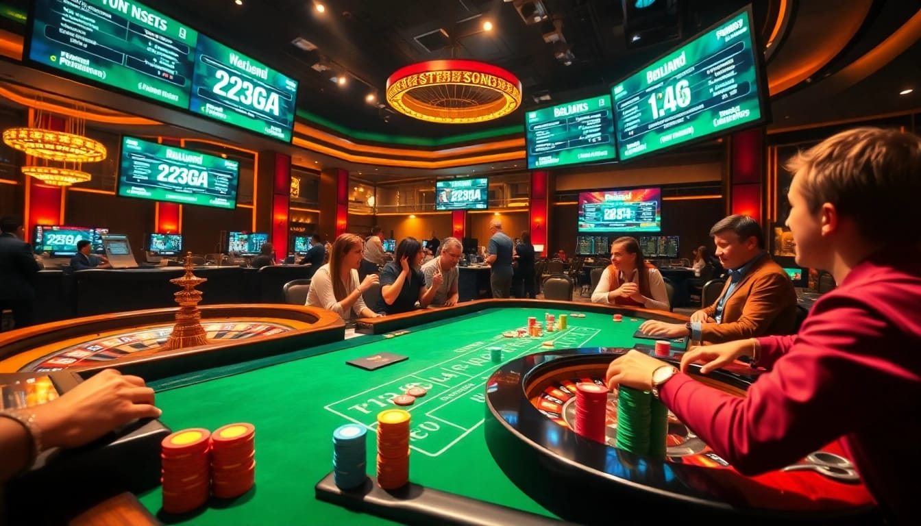 Players enjoying a thrilling game at a 123ga casino table, highlighted by vibrant poker chips and an exciting atmosphere.