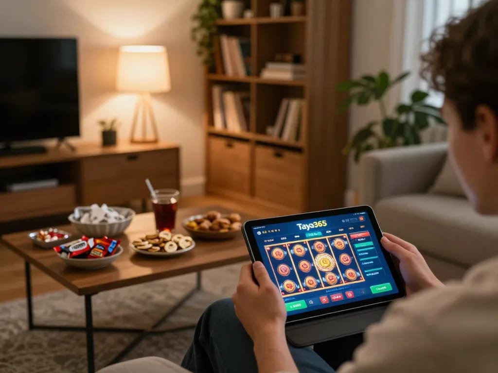 Taya365 app displayed on tablet during engaging home casino gaming session with cozy atmosphere