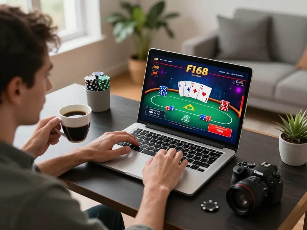 Engaging gameplay on the F168 online casino platform, showcasing a vibrant poker game from a cozy home office.
