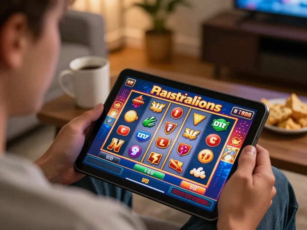 Engaging in fast payout casino Australia gameplay on a tablet showcasing winning slot symbols.