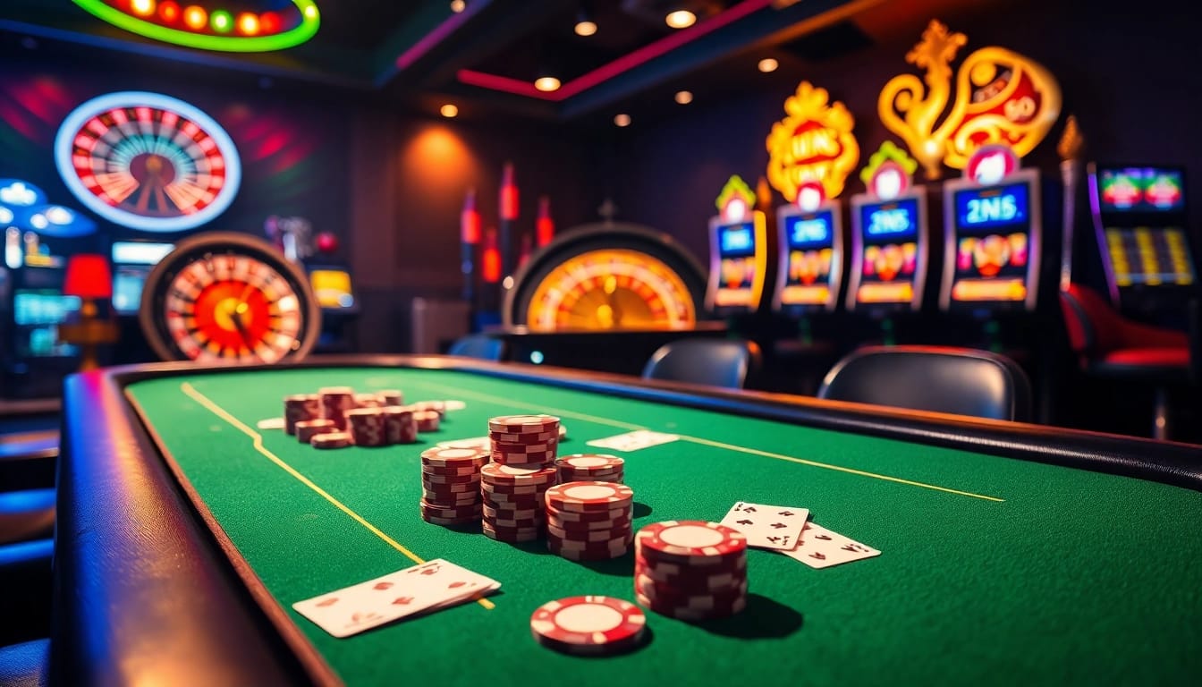 Experience FUN88 đăng nhập at a vibrant casino with poker chips, cards, and a roulette wheel.