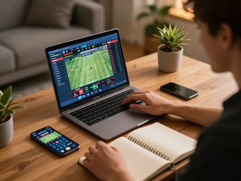 Person placing bets on b52 sports platform using a laptop with live odds displayed.