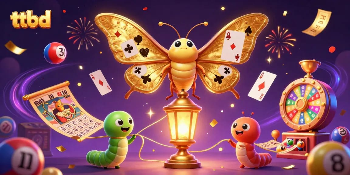 Experience ttbd casino action with a vibrant 3D scene of gaming elements and a golden moth.