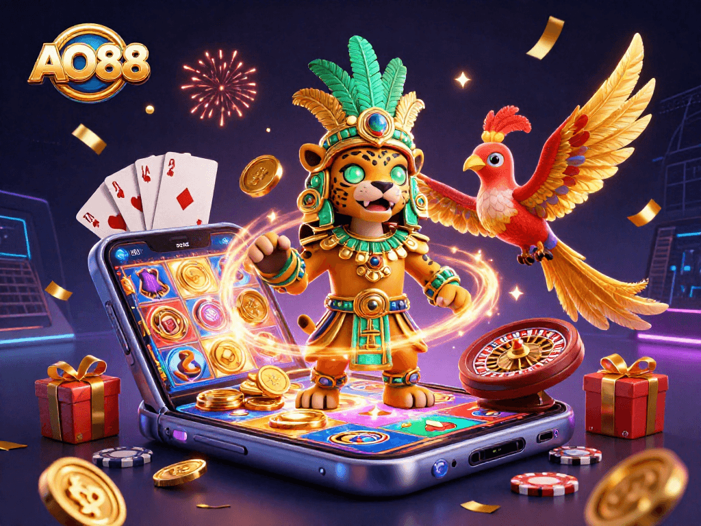 Win big with AO88 as animated Mayan characters engage in vibrant casino games.
