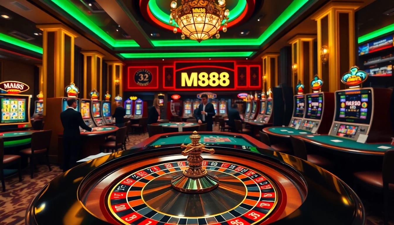 MM88 casino experience with players engaging at a roulette table and vibrant slot machines.