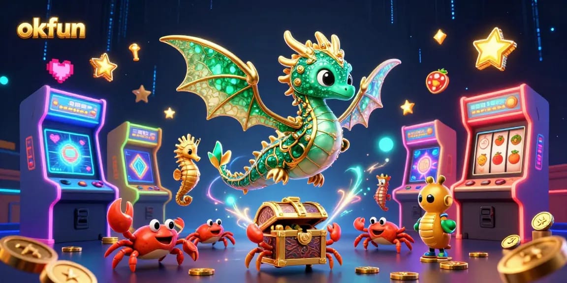 okfun illustrates a colorful casino scene with a sea dragon, vibrant arcade games, and jackpot reels.