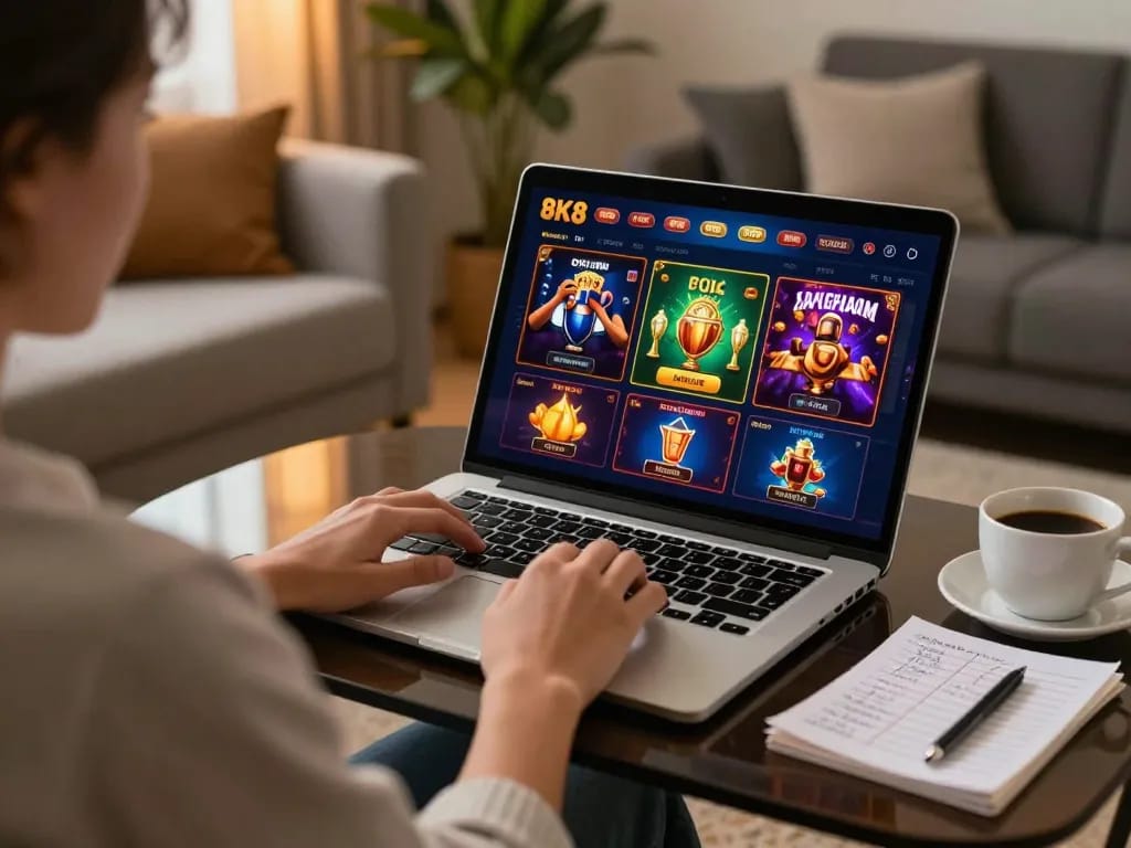 Engaging gameplay at 8K8 with a player using a laptop in a cozy living room setting.