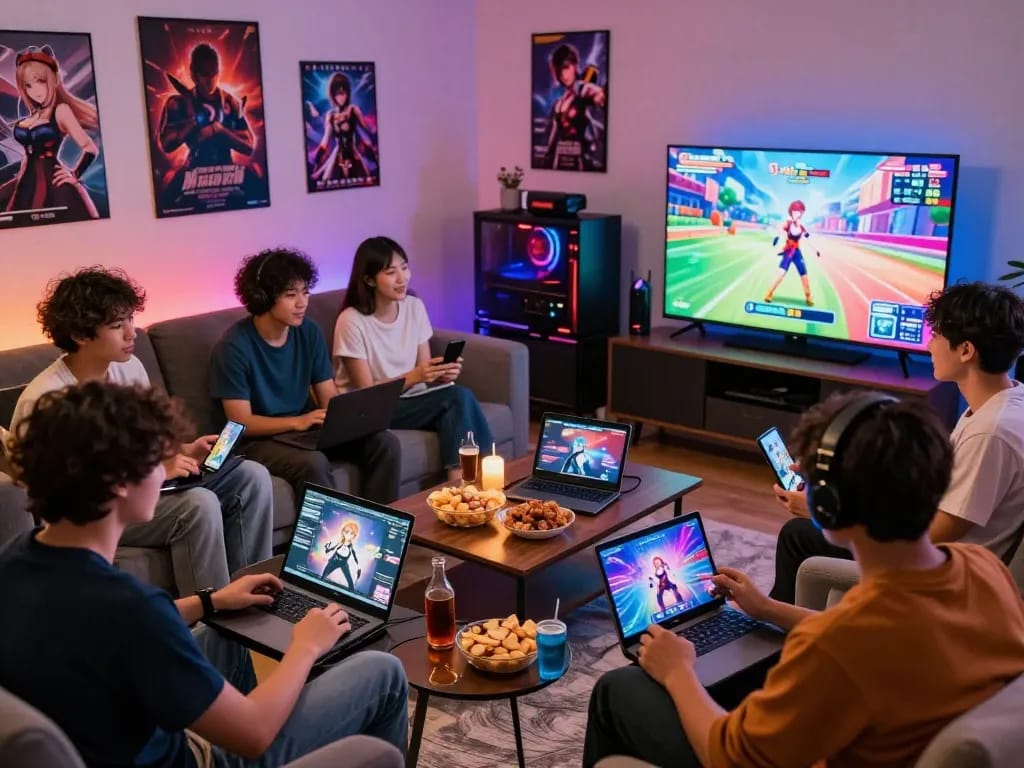 Group of friends enjoying a hentai game session in a cozy living room with devices, snacks, and vibrant decorations.