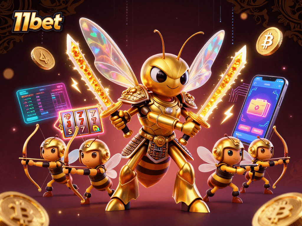 Engage with 11bet's vibrant casino world, showcasing a golden hornet samurai amid neon crypto elements and slot games.