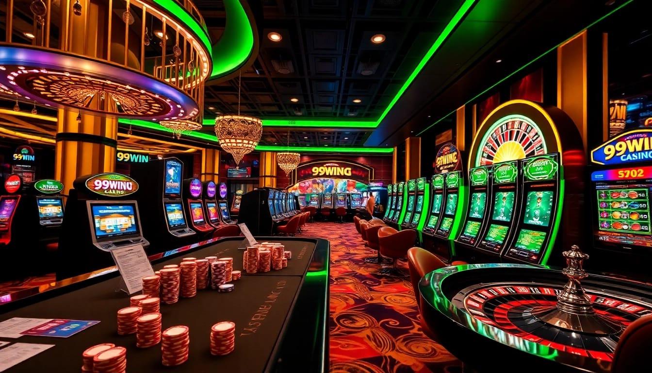 Experience exhilarating gaming at 99WIN's luxurious casino with vibrant tables and slot machines.