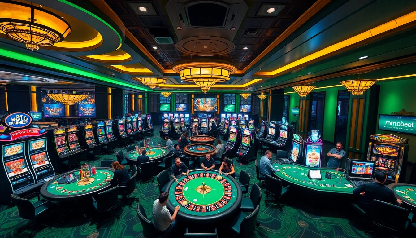 Exciting mmoobet gameplay scene in a luxury casino with poker tables and slot machines.