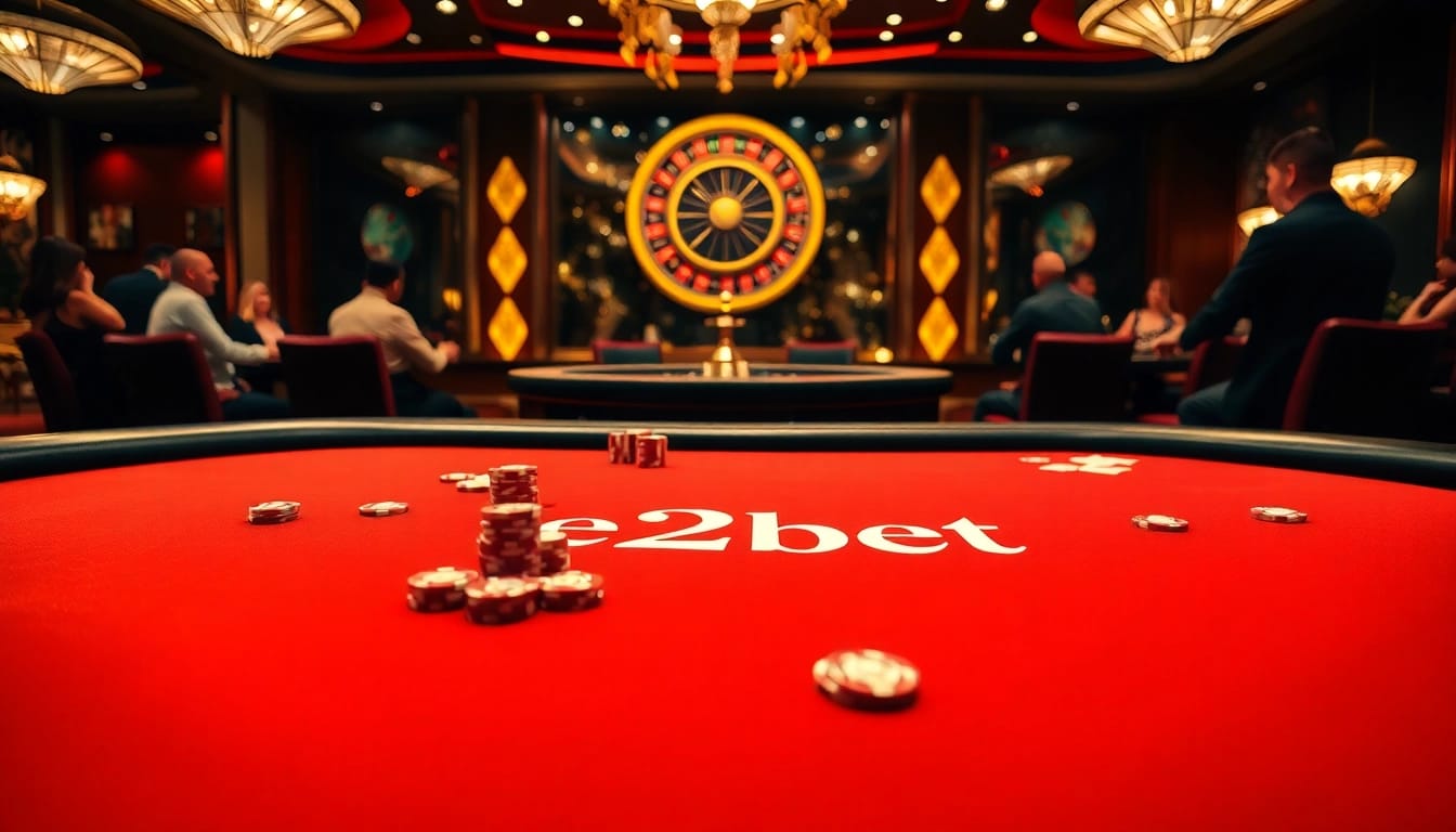Engage in thrilling poker action at an E2bet branded casino table, surrounded by luxurious decor.