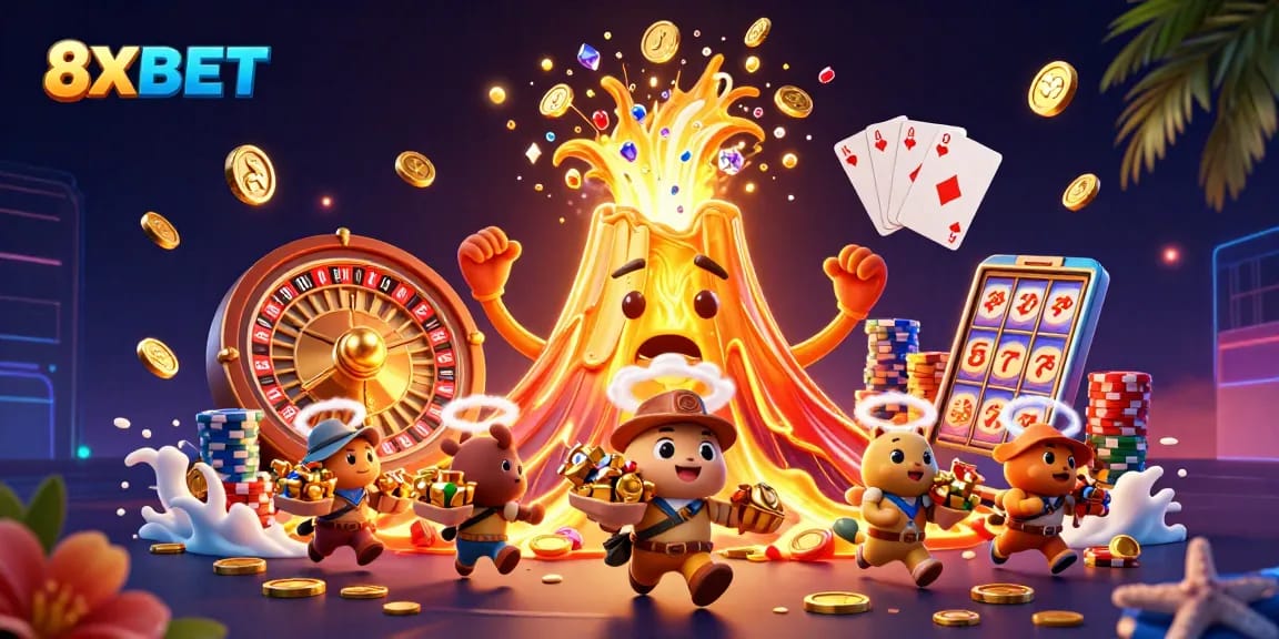 Experience the excitement at 8XBET with a triumphant golden volcano erupting coins and gems!