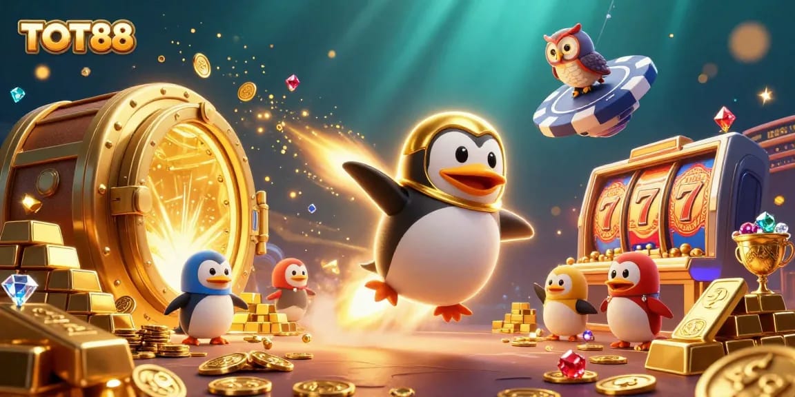 Unleash big wins at TOT88 with our vibrant casino-themed illustration featuring a lucky penguin.
