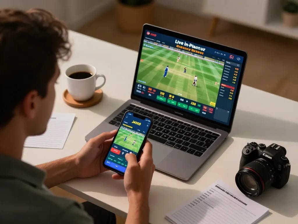 Engaged bettor using JAYA9 app for cricket betting on mobile device amid strategic notes.