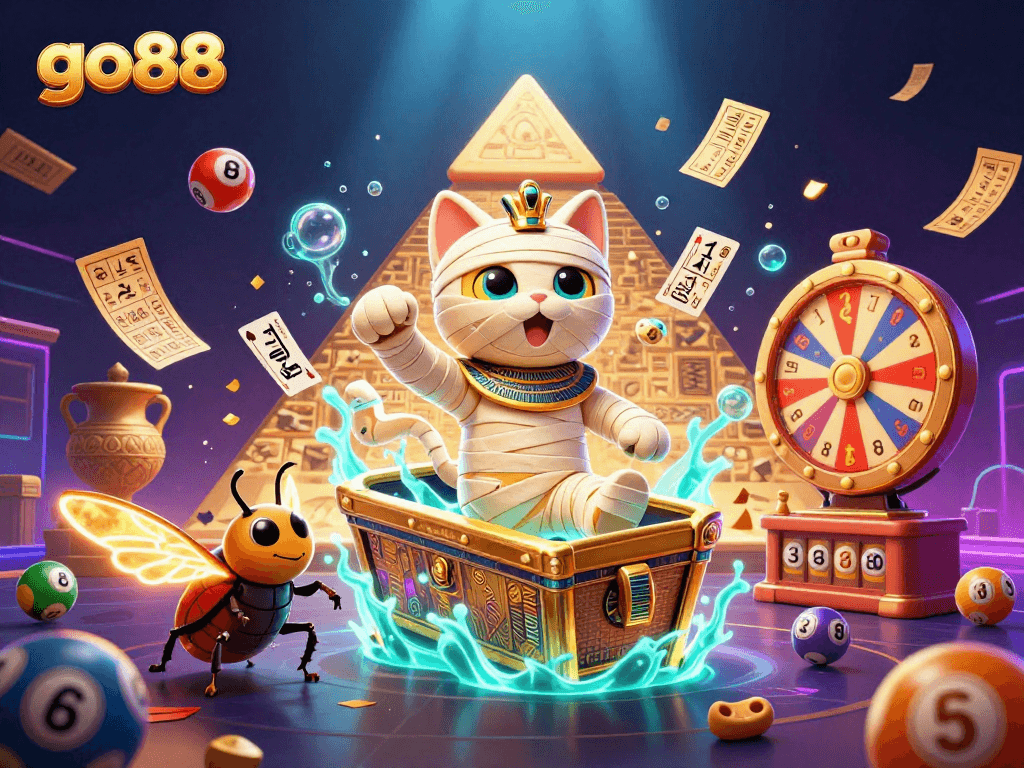 Experience thrilling adventures with go88 as an Egyptian mummy cat bursts from a golden sarcophagus in a vibrant casino.