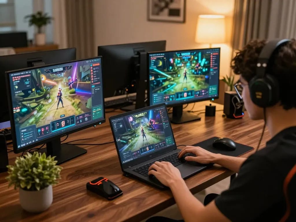 Sun52 player engaging in online gaming at home with vibrant interface visible on laptop