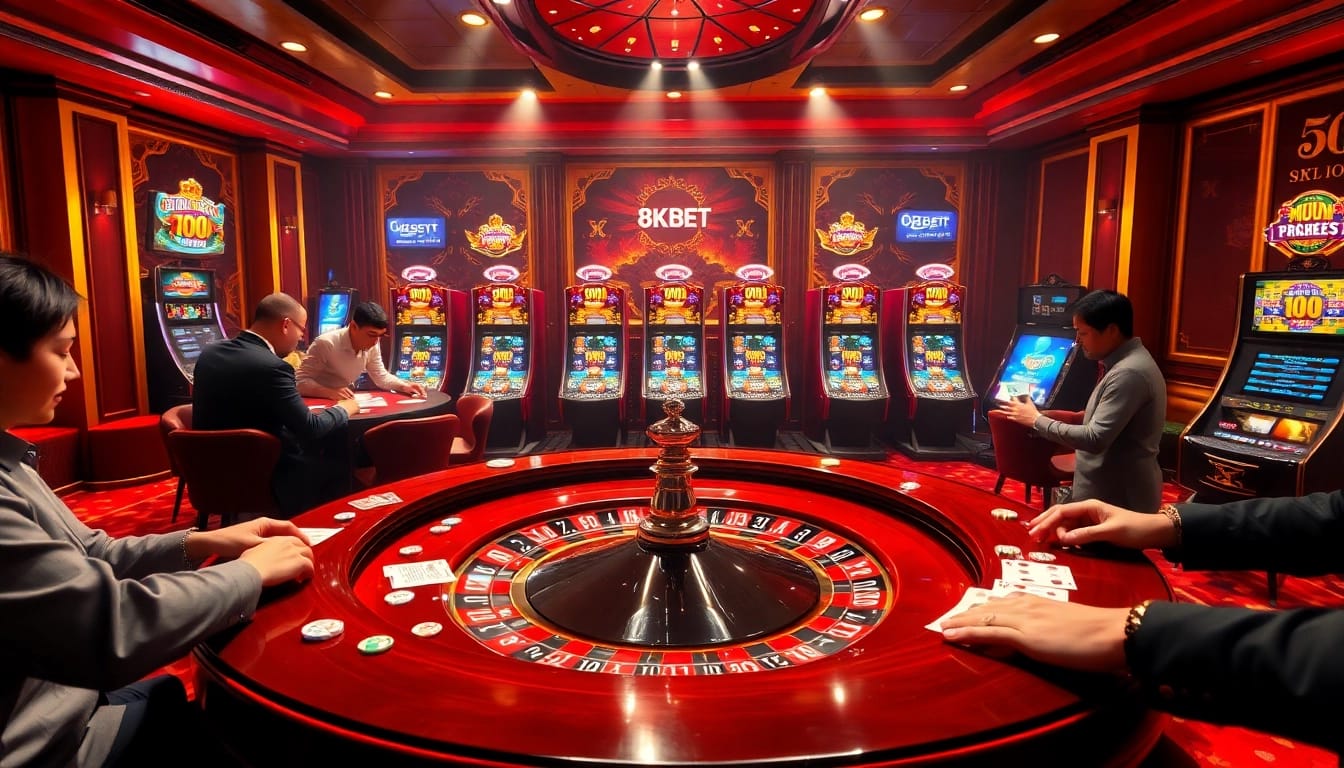 Players engaging in high-stakes gambling at 8KBET casino tables, illustrating excitement and luxury.